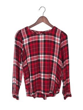 Loft Red White Checkered Long Sleeve Shirt Top Women's Size Small Keyhole back
